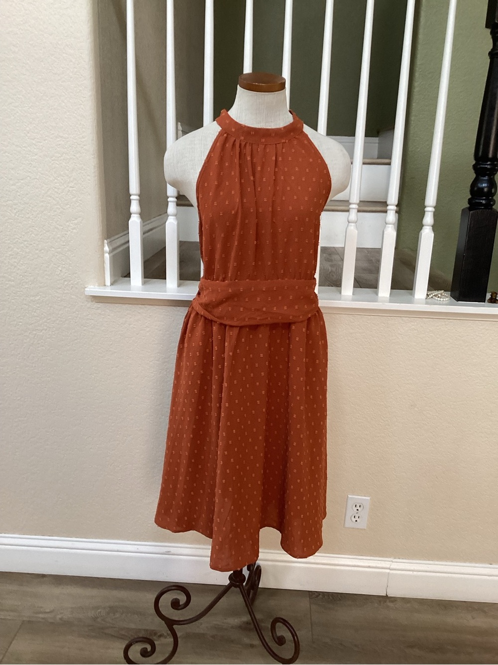 SHEIN Rust Halter Midi Dress with Waist Tie